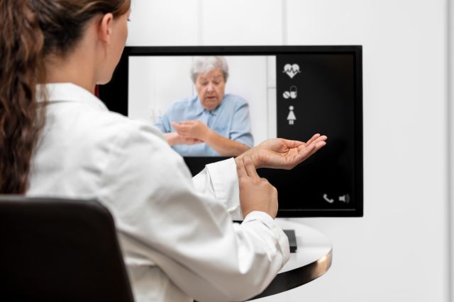 Ärztin betreut ältere Patientin per Telemedizin aus ihrer Praxis. Die ältere Patientin befindet sich zu Hause in ihrer Wohnung. Die Äztin zeigt der älteren Patientin per Videokonsultation, wie der Puls korrekt gemessen wird.